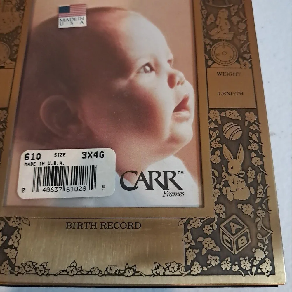 Carr Baby Birth Record Brass Photo Frame to Engrave 3x4 Photo  New Parents Vtg